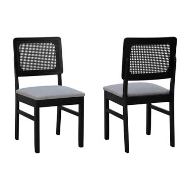 Imagem de Kit 2 Cadeiras Madeira Maciça Lyon Encosto Telinha - Preto - Assento Estofado Linho Cinza Mescla Impermeável