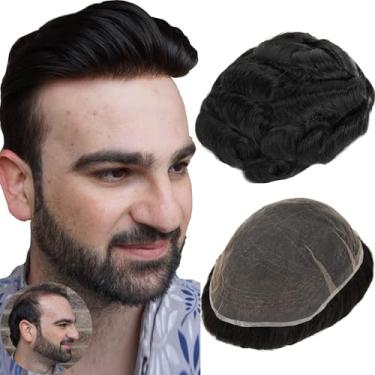 Imagem de BEEOS Toupee Skinlike Real HD Lace para homens, 20 x 25 cm, peça de cabelo masculino de renda completa branqueada, pequeno nó único, 100% cabelo humano peruca masculina #1 Jet Black