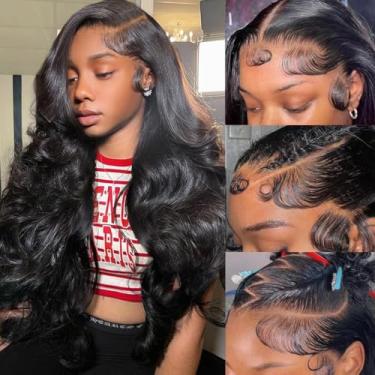 Imagem de Perucas de cabelo humano ondulado frontal ondulado 13 x 4 pré-arrancadas densidade 180 sem cola, cabelo humano com cabelo de bebê, perucas frontais de renda transparente HD para mulheres 58,4 cm