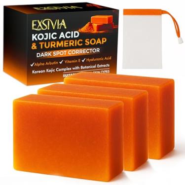 Imagem de EXSIVIA Sabonete corretor de manchas escuras de ácido kójico e açafrão com vitamina C, ácido hialurônico, manteiga de karité e óleo de rosa mosqueta, limpador balanceador de complexo kójico coreano