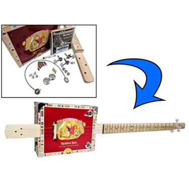 Imagem de Kit completo de guitarra de caixa de charuto com 3 cordas DIY com pescoço - inclui captador acústico/elétrico
