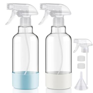 Imagem de Hethyo Frascos de spray de vidro com manga de silicone de 500 ml, pacote com 2 frascos de spray vazios para névoa de cabelo/spray de fluxo para soluções de limpeza, plantas, óleos essenciais (azul
