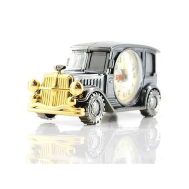 Imagem de Relógio de Mesa Decorativo Vintage, Modelo Carro Antigo, 19 cm, Preto e Dourado