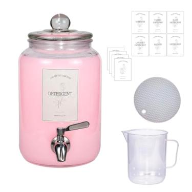 Imagem de Dispensador de detergente líquido grande para roupas com torneiras e copos medidores, amaciante de tecido de vidro à prova de vazamento, dispensador de detergente de vidro reutilizável para