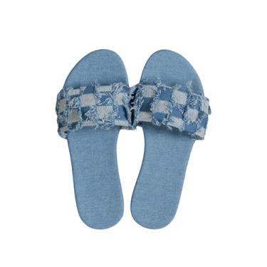 Imagem de OYOANGLE Sandália feminina rasteira jeans xadrez vintage acabamento cru bico aberto antiderrapante, Azul, 41