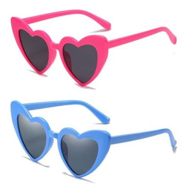 Imagem de Ridering Óculos de sol femininos modernos com coração, vintage, em forma de coração, olho de gato, estilo moderno, estilo retrô, Vermelho rosa + azul, tamanho �nico
