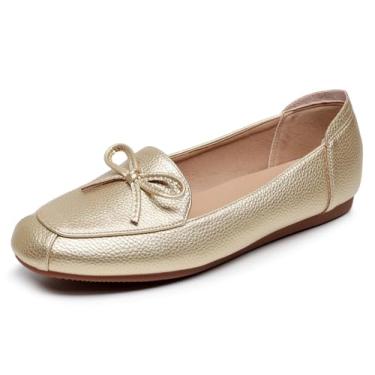 Imagem de VenusCelia Sapato raso feminino com laço largo, Poliuretano dourado, 6 Wide