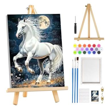 Imagem de MOGTAA Kit de pintura de cavalo por números para adultos iniciantes com moldura, paisagem da lua kits de pintura por números em tela com cavalete, kits de pintura a óleo DIY fáceis para decoração de