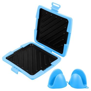 Imagem de Sanduicheira de silicone para micro-ondas, uniforme, aquecida, micro-ondas, torrada, assadeira com clipe de mão de silicone, antiaderente, torradeira, fácil acesso para casa (azul)