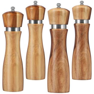 Imagem de LCZNXJJY Conjunto de 4 peças de moedor de sal e pimenta de madeira, saleiro e pimenteiro com núcleo de aço inoxidável de cerâmica, recarregável, moedor de pimenta manual de madeira de acácia para