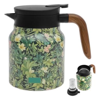 Imagem de Chá com padrão floral vintage de 1000 ml, bule de chá térmico com alça e infusor embutido, chaleira isolada de aço inoxidável, jarra de café a vácuo, vaso de infusor isolado com padrão floral (verde)