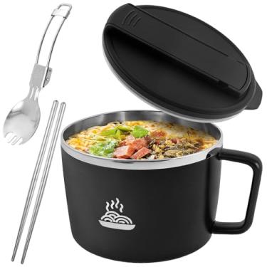 Imagem de Tigela de macarrão de aço inoxidável dupla vazada tigela de ramen 1200 ml copo de macarrão instantâneo de grande capacidade boa vedação para escritório casa (1,2 L utensílios de mesa preto)