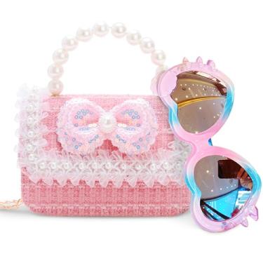 Imagem de Linda bolsa com laço brilhante para meninas, bolsas de princesa com alça de pérola, bolsa de ombro transversal para crianças de 3 a 10 anos, rosa