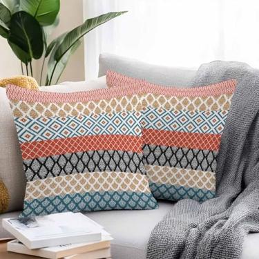 Imagem de Capas de almofada Boho para uso ao ar livre, textura étnica, listras de emenda, capa de travesseiro impermeável, capas de almofada macias, arte abstrata geométrica para sofá, sofá, litoral, piquenique