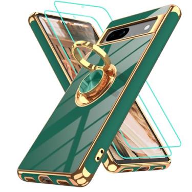 Imagem de Gritup Capa para Google Pixel 7A | 2 peças protetoras de tela | Suporte magnético de rotação de 360° | Revestimento dourado macio TPU protetor básico para celular Pixel 7A verde