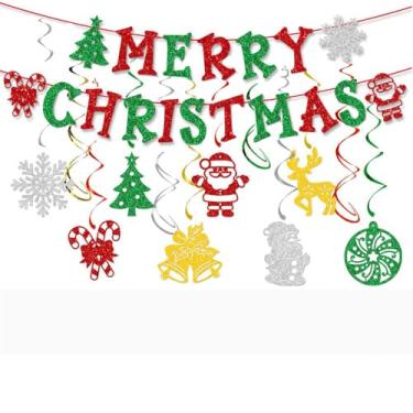 Imagem de Banner de Feliz Natal, placa de banner de papel de decoração de Natal verde vermelho com cordão para lareira/parede/janela, banners de decoração de escritório em casa de Natal, faixa de festa de Natal