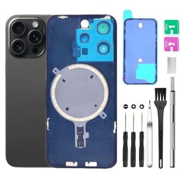 Imagem de Substituição de vidro da tampa traseira traseira para iPhone 15 Pro Max vidro traseiro + lente da câmera + ímã + suporte de peça de ferro com kit de ferramentas de reparo (preto)