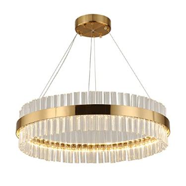 Imagem de Luminária pendente moderna de cristal circular com anel de LED para quarto, sala de estar, bar e cozinha, lustre criativo de teto para área de jantar e entretenimento