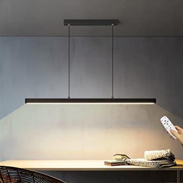 Imagem de Luminária pendente LED regulável, preta, com listras longas, para mesa de jantar, com controle remoto, design linear moderno, altura ajustável, para escritório, bar, sala de jantar, cozinha