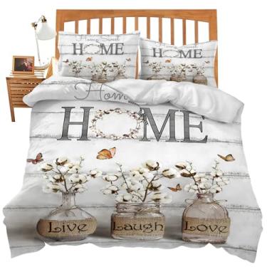 Imagem de Jogo de edredom com tema de flor de algodão, 3 peças, com 2 fronhas, tamanho casal, floral, branco, lençol de cama para quarto