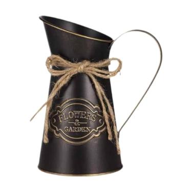 Imagem de Ioensy Jarro rústico decorativo de metal com design vintage para flores, suporte para flores, vaso de fazenda, jarro para escritório e quarto, Preto