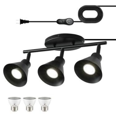 Imagem de Luminária de teto com 3 plugues de luz preta, iluminação de pista moderna, cabo de 5 metros com temporizador e interruptor de regulagem, iluminação de ponto de teto de 3 vias, cabeça de luz giratória