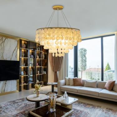 Imagem de Lustre moderno Capiz Shell 6 luzes Natural Shell pendurado luminárias pendentes para sala de estar ouro contemporâneo litoral redondo lustres para quarto cozinha mesa de jantar hall pendurad