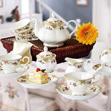 Imagem de Conjuntos de chá de porcelana para mulheres, chá vintage, xícara de chá e pires de 6 conjuntos de chá da tarde britânicos com bule de chá, açucareiro e jarra de creme