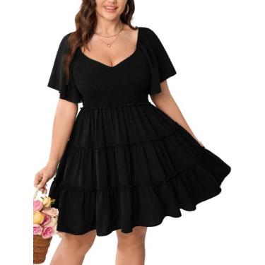 Imagem de Vestido SHESTARR Plus Size, minivestido preto, manga esvoaçante