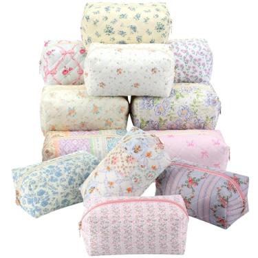 Imagem de Qinyoung 12 pacotes de bolsa de maquiagem acolchoada com tema de flores, bolsa de cosméticos de higiene pessoal estética bolsa floral kit de emergência bolsa para viagem