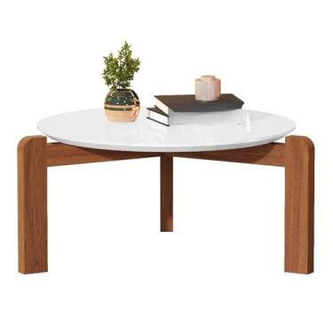Imagem de Mesa de Centro Redonda Moderna 70cm - Tampo MDF e Pés em Madeira Maciça, 3 Cores Disponível para Sala de Estar (Branco)