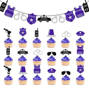 Imagem de Decorações de festa policial para homens e mulheres, faixa temática de policiais, festa + 18 peças de enfeite de cupcake de comida de sobremesa de donut para oficiais Donut Bar Academy, formatura