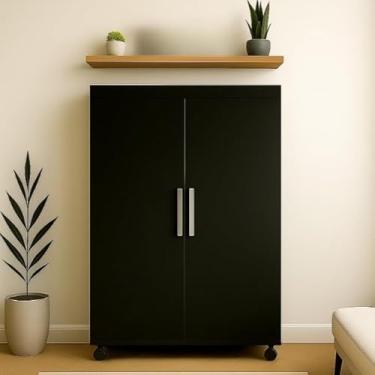 Imagem de Armário Multiuso Slim 2 Portas com Rodízios | Armário Compacto de MDP com 3 Prateleiras para Lavanderia, Quarto e Escritório (PRETO)