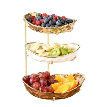 Imagem de Tigela de frutas de cerâmica de 3 camadas com suporte de metal - Organizador de bancada de cozinha para frutas, lanches, sobremesas, nozes, armazenamento de doces, cesta de servir moderna para festas