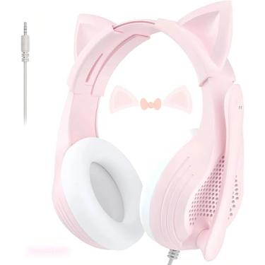 Imagem de Bocodow Fone de ouvido rosa para jogos com microfone, som surround estéreo, fones de ouvido com fio com microfone, orelhas de gato, almofadas macias, cancelamento de ruído para meninas, adolescentes e