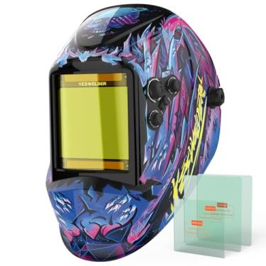 Imagem de YESWELDER Capacete de soldagem de escurecimento automático de energia solar Cyberpunk de 3,94" x 3,66" de visualização grande, 4 sensores de arco de sombra ampla 4 ~ 5/9-9/13 para máscara de soldador de moagem de solda por arco TIG MIG LYG-M800H-CP