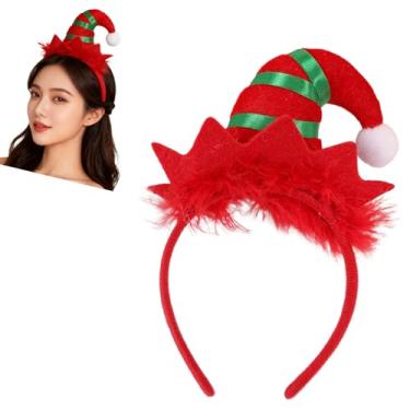 Imagem de Zhzrche Faixa de cabelo de elfo de Natal com orelhas de elfo fofo chapéu de Papai Noel verde com argola de cabelo para mulheres e meninas