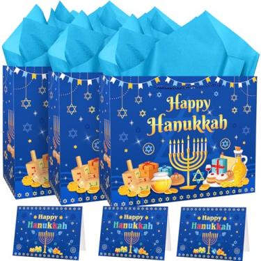 Imagem de TAKEALOOKO Hanukkah Paper Gift Bag Set - Blue Star of David Bags with Wrapping Paper & Greeting Cards, Happy Hanukkah Jewish Holiday Party Favor Supplies