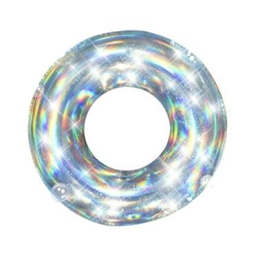 Imagem de Boia Inflável Circular Redonda Iridescente Cintilante Neon Prateada 100cm PVC Resistente Resistência A Sol Piscina Hotel Boia Piscina Adulto