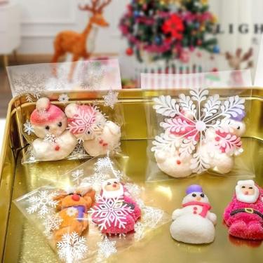 Imagem de 100 peças de saco de embalagem de presente com estampa de floco de neve, celofane autoadesivo transparente, armazenamento de doces e biscoitos, adequado para padaria, aniversário, casamento e festa.