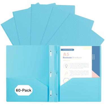 Imagem de EEHZTSI Pacote com 60 de plástico e bolsos e pontas, 2 bolsos e 3 fixadores, pastas pastel para papel de 21 cm x 28 cm para escola, escritório/casa, azul
