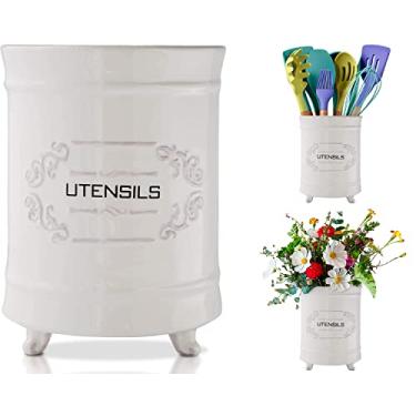 Imagem de Comfify Suporte de utensílios de cerâmica branca – Suporte de cozinha estilo vintage – Organizador de bancada chique gasto – Panela rústica francesa para entusiastas da culinária