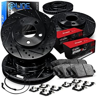 Imagem de R1 Concepts Rotores de freio dianteiros traseiros da série eLine perfurados e ranhurados pretos com pastilhas OEP ideais, kit de ferragens e fio do sensor compatíveis com Volkswagen Touareg 2011-2018
