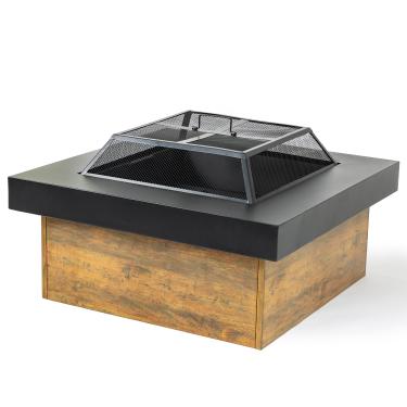Imagem de WILDMOS Fogueiras de 91 cm para uso externo, fogueira a lenha com painéis laterais de grão de madeira, fogueira para exterior com cobertura de malha e pôquer, mesa quadrada moderna para lareira ao ar