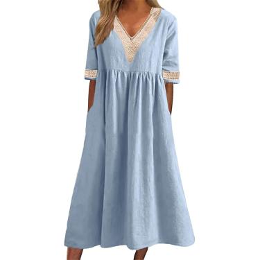Imagem de Boho Feminino Liquidação Verão Casual Gravata Lateral Manga Curta Longo Boêmio Cor Sólida Decote Em V Botão Midi Vestido Camiseta Feminina Flutuante Vestido De Praia Férias, Type 13, M