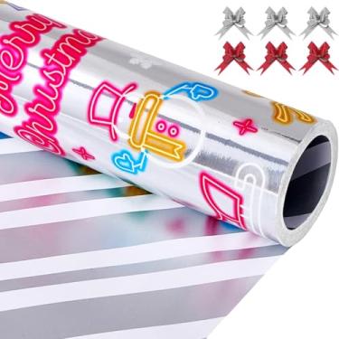 Imagem de EWES Conjunto de rolos de papel de embrulho de Natal prateado, papel de embrulho infantil fosco engraçado, padrão metálico fofo com Papai Noel, árvore de Natal, trenó, guirlanda, doces, boneco de neve