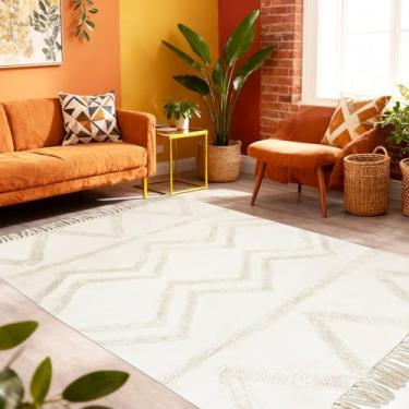 Imagem de Lacomfy Tapete Boho 1,2 m x 1,8 m moderno tapete ondulado tufado de algodão para quarto, sala de estar, casa de fazenda, tapete de área chique lavável à mão, tapete geométrico contemporâneo, decoração