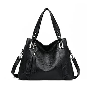 Imagem de PORRASSO Bolsas Femininas Da Moda, Bolsa De Ombro Estilo Hobo, Transversal, Grande, Couro Sintético, Para Viagem, Trabalho, Namoro, Preta