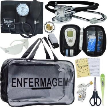 Imagem de Kit Bolsa Transparente Aparelho de Pressão Aneroide Medidor de Glicose