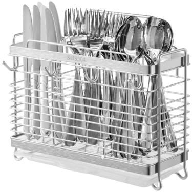 Imagem de LUMINFLY Escorredor de utensílios de aço inoxidável de 3 compartimentos com bandeja de drenagem e 4 ganchos de pendurar para armazenamento de cozinha